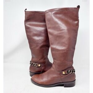 Franco Fortini Brown Leather Riding Boots Chain Detail Round Toe Size 8M